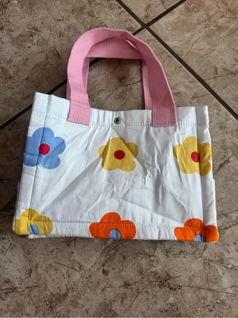 Time To Party Floral Canvas Tote - Pink Handles, Orange/Yellow/Blue Flowers - Picture 2 of 3